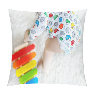 Personality  Adorable Cute Beautiful Little Baby Girl Playing With Educational Wooden Toys At Home Or Nursery. Toddler With Colorful Music Toy Pillow Covers