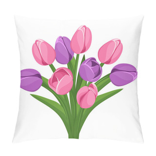 Personality  Bouquet Of Pink And Purple Tulips. Vector Illustration. Pillow Covers