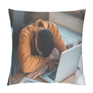 Personality  Good Looking Tired Man Sleeping On His Laptop Pillow Covers