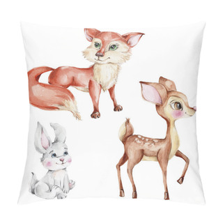 Personality  Cute Forest Animals Set With Fox, Deer And Rabbit, Watercolor Hand Draw Illustration With White Isolated Background Pillow Covers