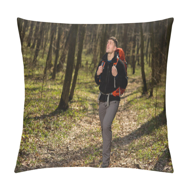 Personality  Man Using Hiking Sticks Poles Outdoors In Woods. Pillow Covers