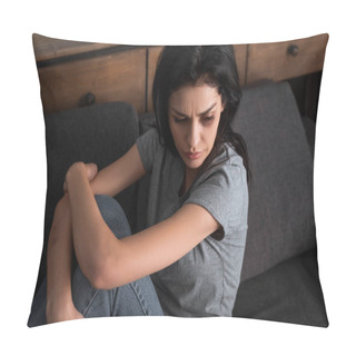 Personality  Frustrated Woman With Bruise On Face Sitting On Sofa In Living Room, Domestic Violence Concept  Pillow Covers