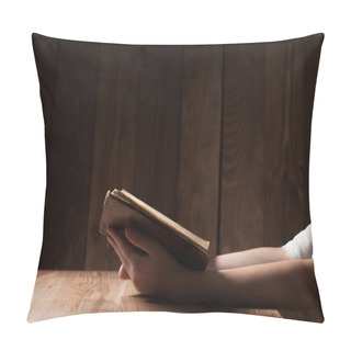 Personality  Woman Reading The Bible In The Darkness Over Wooden Table Pillow Covers