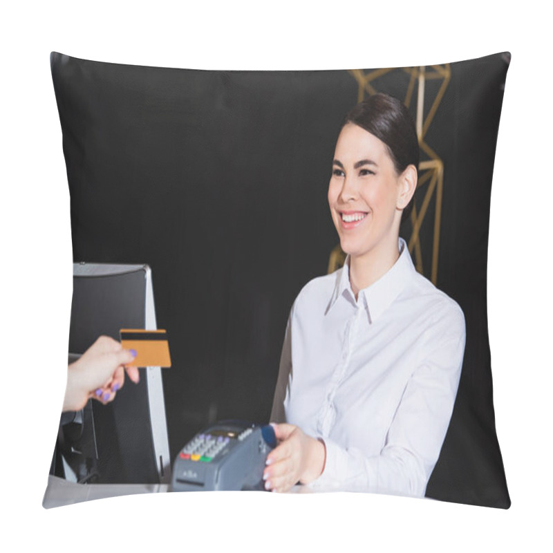 Personality  Happy Receptionist Smiling Near Guest Paying With Credit Card  Pillow Covers