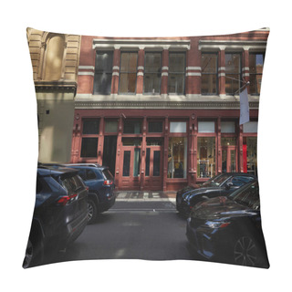 Personality  Urban District With Vintage Buildings And Cars Moving On Roadway On Fall Day In New York City Pillow Covers