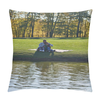 Personality  Cheerful Mother And Son Hugging In Autumnal Park, Sitting On Blanket Near Lake, African American Pillow Covers