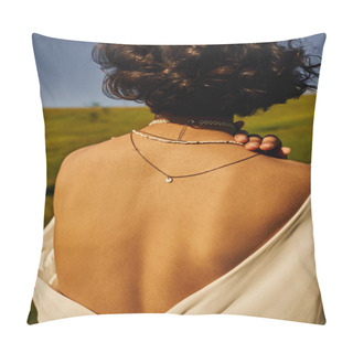 Personality  Youthful Woman In Necklaces And Bridal Gown With Naked Back In Countryside, Serenity And Happiness Pillow Covers