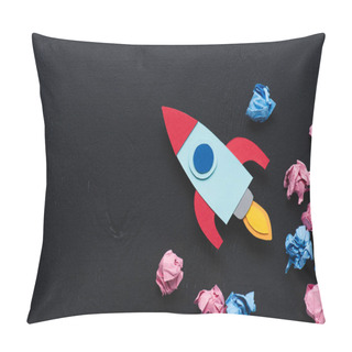 Personality  Cardboard Rocket With Crumpled Paper Balls And Copy Space On Black Background, Setting Goals Concept Pillow Covers