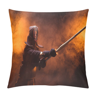 Personality  Kendo Fighter In Armor Practicing With Bamboo Sword In Smoke Pillow Covers
