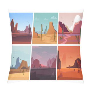 Personality  Desert Landscape Natural. Sandy, Hot Open Yellow Desert Valley In Morning, Horizontal Orange Grand Canyon With Pink Mountains In Afternoon And Evening, Cacti In Sand. Vector Graphics In Flat Style. Pillow Covers