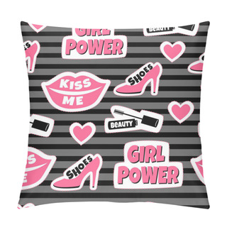 Personality  Patches Background With Inscription: Shoes, Beauty, Kiss Me And Girl Power. Seamless Pattern With Lips, Hearts And Mascara. Pillow Covers