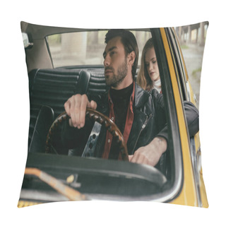 Personality  Handsome Young Man Driving Retro Car And Girlfriend Sitting Behind Pillow Covers