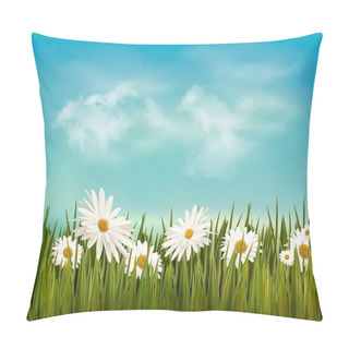 Personality  Grass With Daisies Under Blue Sky. Retro Background. Vector. Pillow Covers