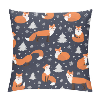 Personality  Children Seamless Pattern With Woodland Animals, Funny Cartoon Characters. Foxes In The Winter Forest. Textile Print. Pillow Covers