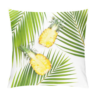 Personality  Sweet Pineapple Fruits And Palm Leaves On White Background. Flat Lay, Top View. Tropical Concept. Pillow Covers