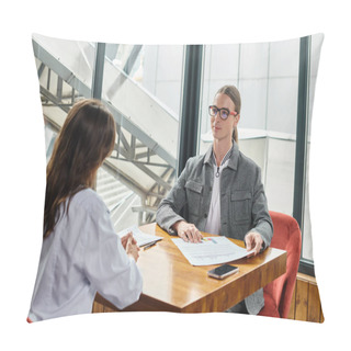 Personality  Two Young Coworkers Man And Woman Discussing Their Paperwork Sitting At Table, Coworking Concept Pillow Covers