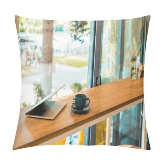 Personality  Laptop And Cup Of Coffee On Wooden Cafe Counter Pillow Covers