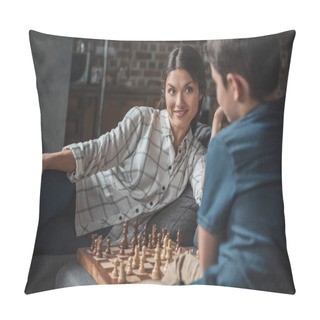 Personality  Mother And Boy Playing Chess Pillow Covers