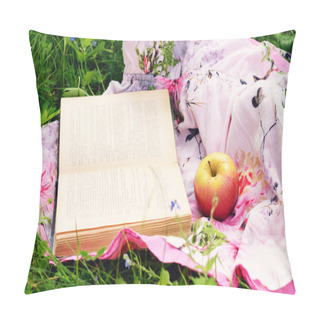 Personality  Apple And Open Book In Green Grass Pillow Covers