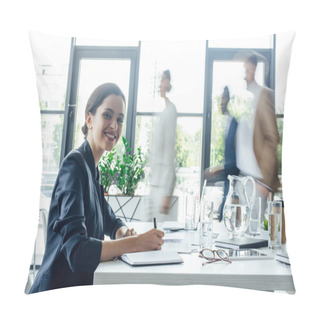 Personality  Smiling And Attractive Businesswoman Writing In Notebook With Pen  Pillow Covers