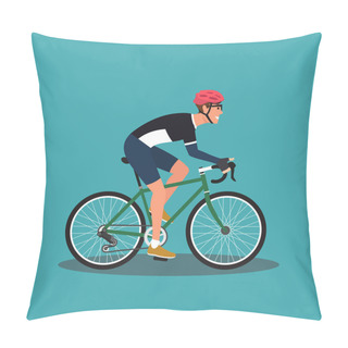 Personality  Hipster Male Riding Bike. Young Man Cyclist Isolated On White Background. Stylish Guy On Bicycle Flat Vector Illustration Wearing Helmet Pillow Covers