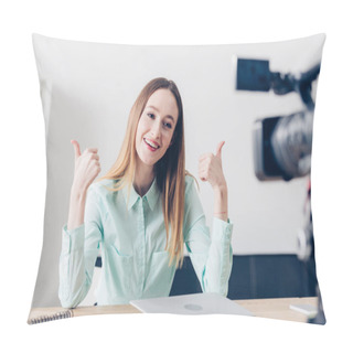 Personality  Smiling Attractive Female Video Blogger Recording Vlog And Showing Thumbs Up In Office Pillow Covers