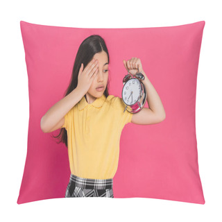 Personality  Brunette Schoolgirl Looking At Vintage Alarm Clock Isolated On Pink, Back To School Concept, Pillow Covers