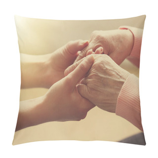 Personality  Old And Young Holding Hands On Light Background, Closeup Pillow Covers