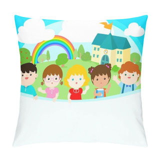 Personality  Cute Multiracial Children Joyful At School Background Vector. Pillow Covers