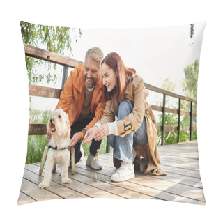 Personality  An Adult Loving Couple In Casual Attire Pet A Small Dog While Taking A Walk In The Park. Pillow Covers