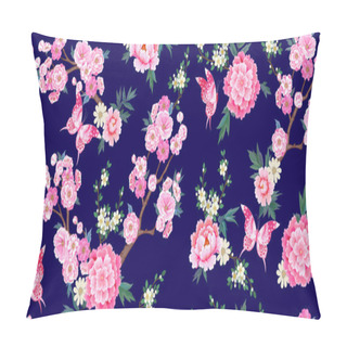 Personality  Spring Seamless Pattern With Blooming Sakura, Pink Peonies Plum Branches And Flying Butterflies In Chinese Style Pillow Covers