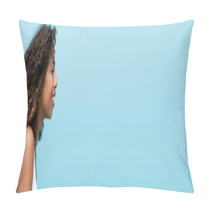 Personality  Side View Of Curly African American Woman With Makeup Smiling Isolated On Blue, Banner Pillow Covers