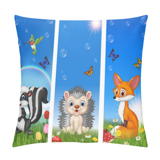 Personality  Set Of Tree Funny Animal With Nature Background Pillow Covers