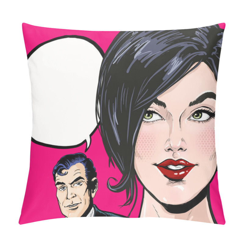 Personality  Pop art illustration of man with amazed woman with speech bubble. Advertising poster.Couple conversation. Whispering secrets. Gossip people. pillow covers