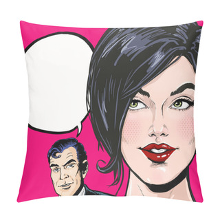 Personality  Pop Art Illustration Of Man With Amazed Woman With Speech Bubble. Advertising Poster.Couple Conversation. Whispering Secrets. Gossip People. Pillow Covers