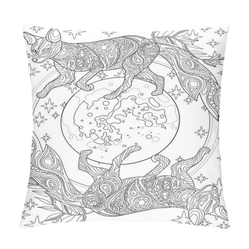 Personality  Wolves Standing On Tiny Earth Sphere Starry Background Coloring Book Page. Two Large Fox Walking Around Small Globe With Stars Colorless Line Drawing. Pillow Covers