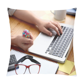 Personality  Woman Squeezing Stress Ball While Working With Laptop Pillow Covers