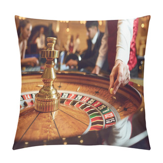 Personality  Hand Of A Croupier With A Ball On A Roulette Wheel During A Game In A Casino. Pillow Covers