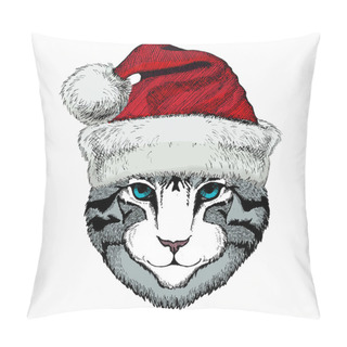 Personality  Cat Head. Christmas Red Santa Claus Hat. Christmas Winter Animal Vector Portrait. Pillow Covers