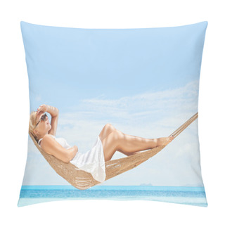Personality  View Of Nice Young Lady Swinging In Hummock On Tropical Beach Pillow Covers