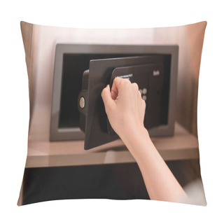 Personality  Unrecognizable Asian Businesswoman Opening A Safe Box Or Vault Storage. Safety Storage In Luxury Hotel For Guests Or Customers Keep Their Valued Items Secure. Pillow Covers
