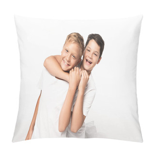 Personality   Cheerful Boy Jokingly Stifling Smiling Brother Isolated On White Pillow Covers