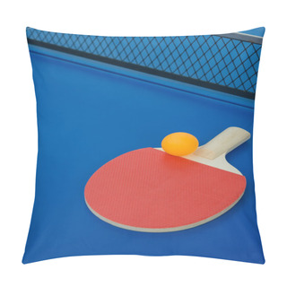 Personality  Pingpong Racket And Ball And Net On A Blue Pingpong Table Pillow Covers