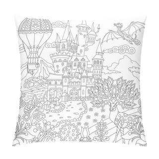 Personality  Fairy Tale Picture. Fairytale Landscape With Vintage Castle, Dragon, Magic Deer, Hot Air Balloon. Coloring Page. Adult Coloring Book Idea. Antistress Freehand Sketch Drawing. Pillow Covers