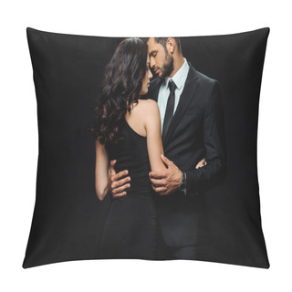 Personality  Attractive Woman In Dress Hugging Bearded Man Isolated On Black  Pillow Covers