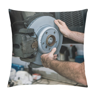 Personality  Cropped View Of Auto Mechanic Holding Metallic Car Brake Near Auto Pillow Covers