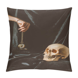 Personality  Cropped View Of Woman Holding Vintage Clock On The Chain Near Skull On Black Cloth Pillow Covers