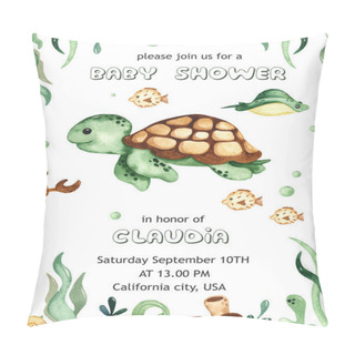 Personality  Underwater Creatures, Sea Turtle, Fish, Algae. Watercolor Baby Shower Hand Drawn Card Pillow Covers