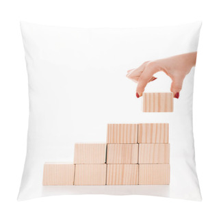 Personality  Cropped View Of Woman Putting Wooden Cube On White  Pillow Covers