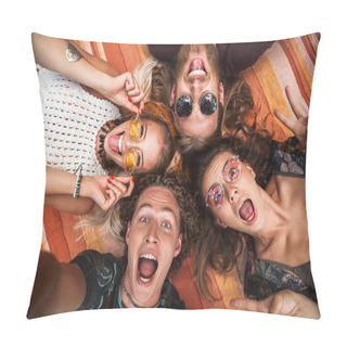 Personality  Portrait Of Happy Hippies People Laughing And Lying On Blanket In Circle Outdoor Pillow Covers